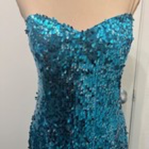Sean Collection Sequined Lattice Back Mermaid Gown Dress Strapless Aqua Teal 10 - Picture 7 of 14